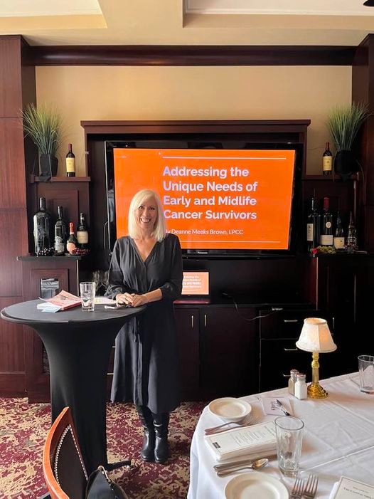 Deanne Brown presenting on addressing the unique needs of early and midlife cancer survivors at CAMFT